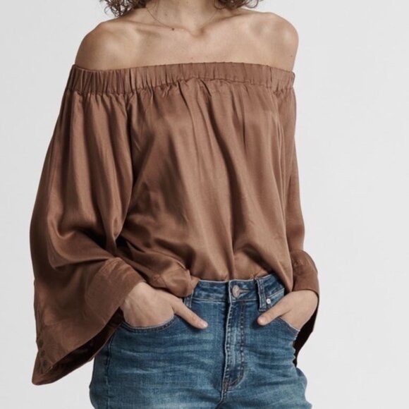 FREE PEOPLE One Teaspoon Boy Bowie Blouse Top Off the Shoulder Flare Wide Sleeve - Picture 2 of 14